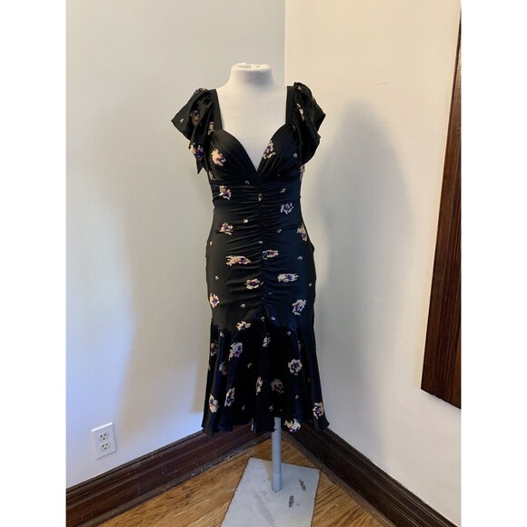 Betsey Johnson Dresses & Skirts - VTG Betsey Johnson 90 2000 y2K Silk Floral Midi Slip Dress Flutter Ruched 6 Blk